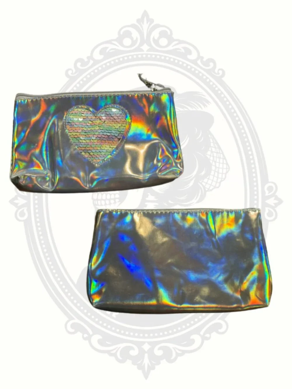 Y2K Silver Holographic Makeup Bag Reversible Sequin Heart Cosmetic Pouch